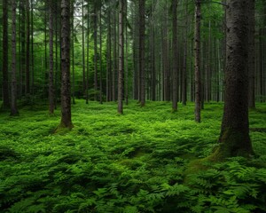 A lush green forest with tall trees and abundant ferns covering the ground, creating a serene natural environment.