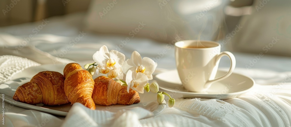 Aufkleber Breakfast table-tray with a cup, two croissants and a sprig of orchids on the bed. with copy space image. Place for adding text or design