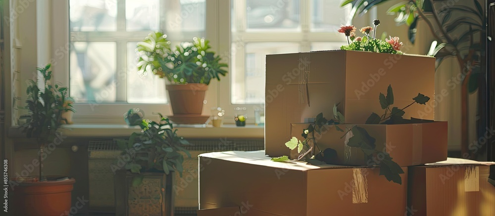 Poster Pile of carton boxes with household stuff in light living room on moving day. Near two flowers in pots. Background window. with copy space image. Place for adding text or design