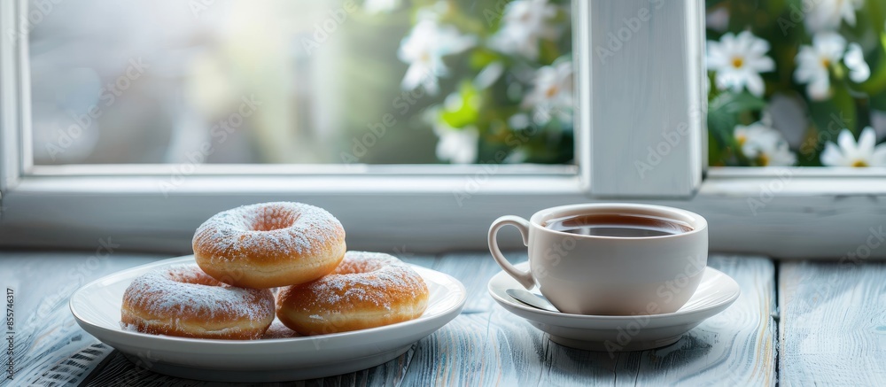 Poster Tray with cup of tea and doughnuts near windowsill. with copy space image. Place for adding text or design