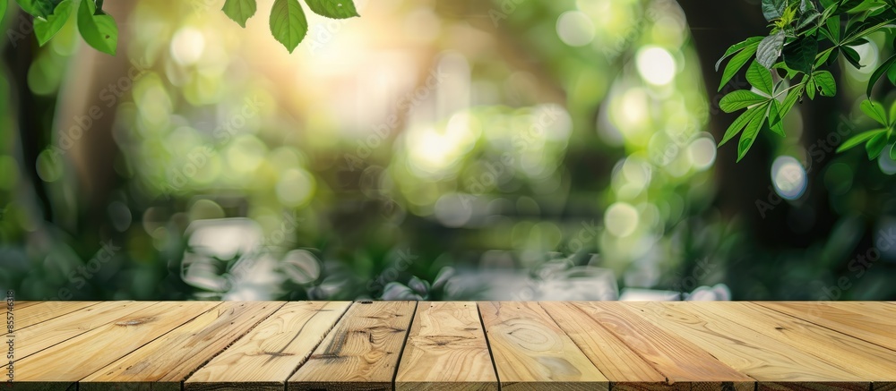 Aufkleber Empty wood table top on blur abstract green from garden and home area background.For montage product display or design key visual layout. Copy space image. Place for adding text or design