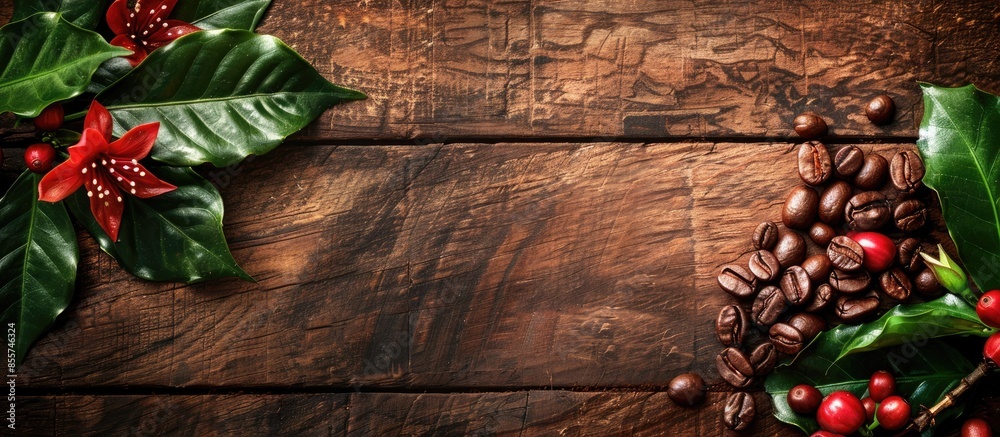Poster coffee beans with real coffee fruits, flowers and leaves on wooden table close up. red coffee beans 