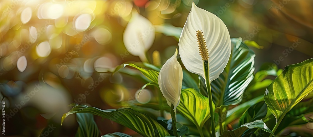 Poster houseplant - spathiphyllum floribundum (peace lily). white flower on the background of green leaves 