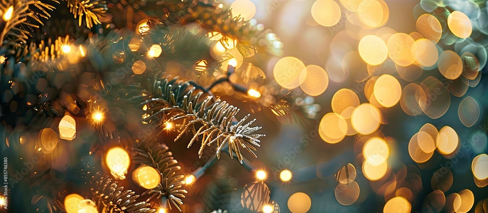 Poster Christmas lights background with bokeh effect, defocused new year year tree backdrop. with copy space image. Place for adding text or design