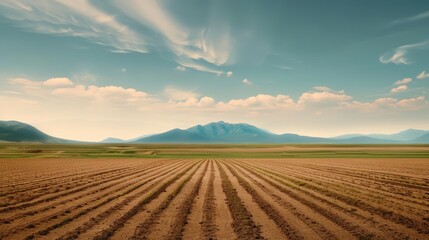 Vast farmland with rows of crops leading to distant mountains under a blue sky.