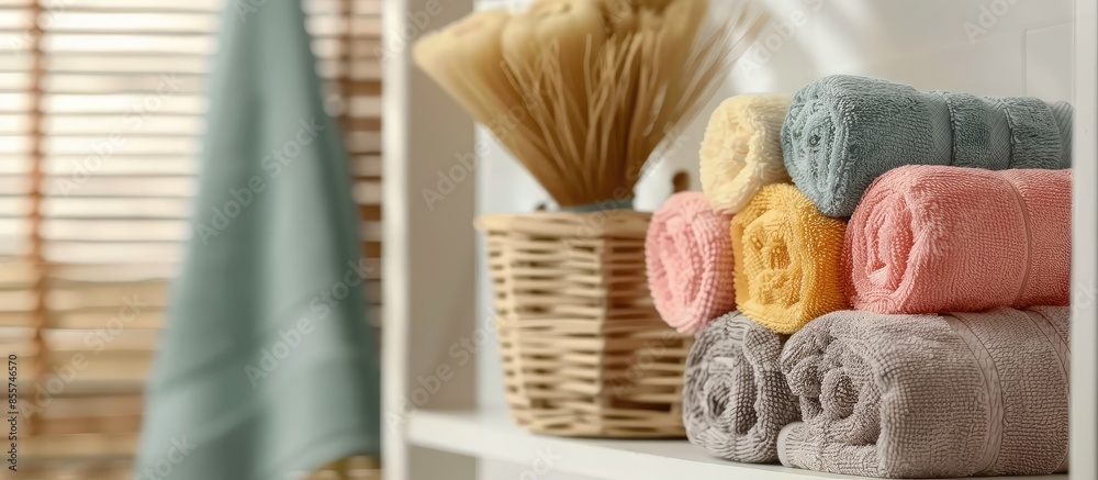 Poster Rolled towels with wicker basket on shelf of rack background. with copy space image. Place for adding text or design