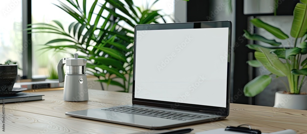 Poster Open blank screen laptop computer in modern workspace with coffee pot and office supplies . with copy space image. Place for adding text or design
