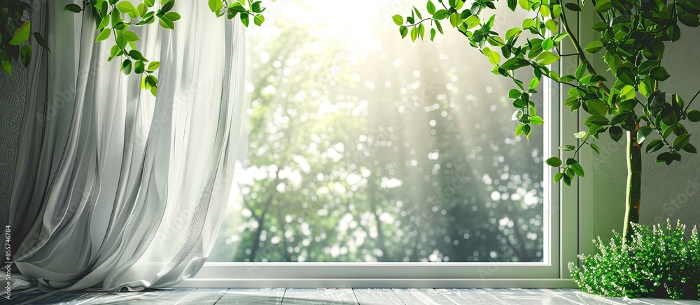Poster Curtain and window with green tree on background. with copy space image. Place for adding text or design