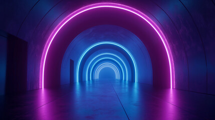 Vivid image of a tunnel entrance with a futuristic neon glow in purple and blue tones, suggesting a surreal, modern architectural style
