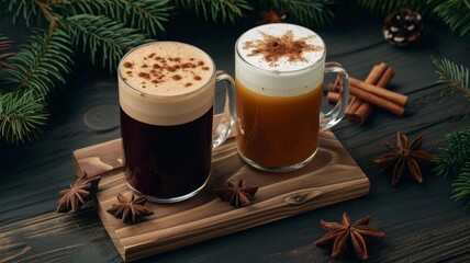 Two mugs of winter drinks with cinnamon and star anise on a wooden board
