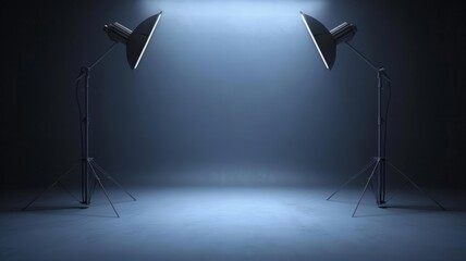 Empty studio with two lights and gray backdrop.