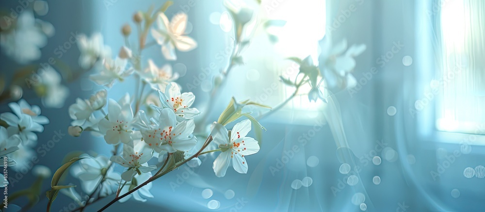 Fototapete white flowers isolated with macro view and blurred background inside apartment. with copy space imag