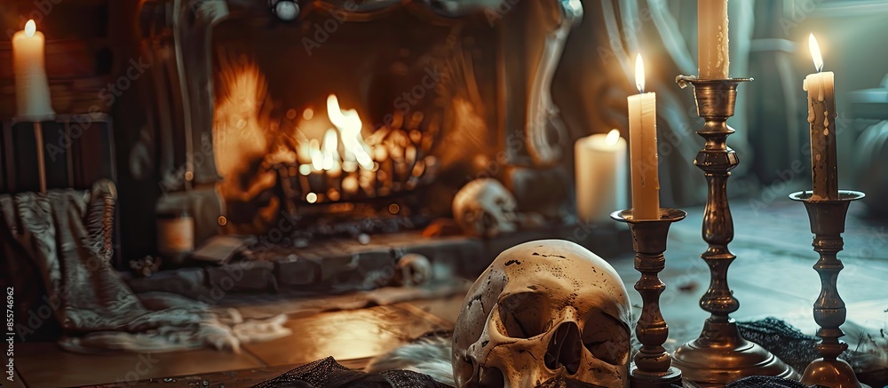 Aufkleber mystical halloween still-life background. skull, candlestick with candles, old fireplace. horror and