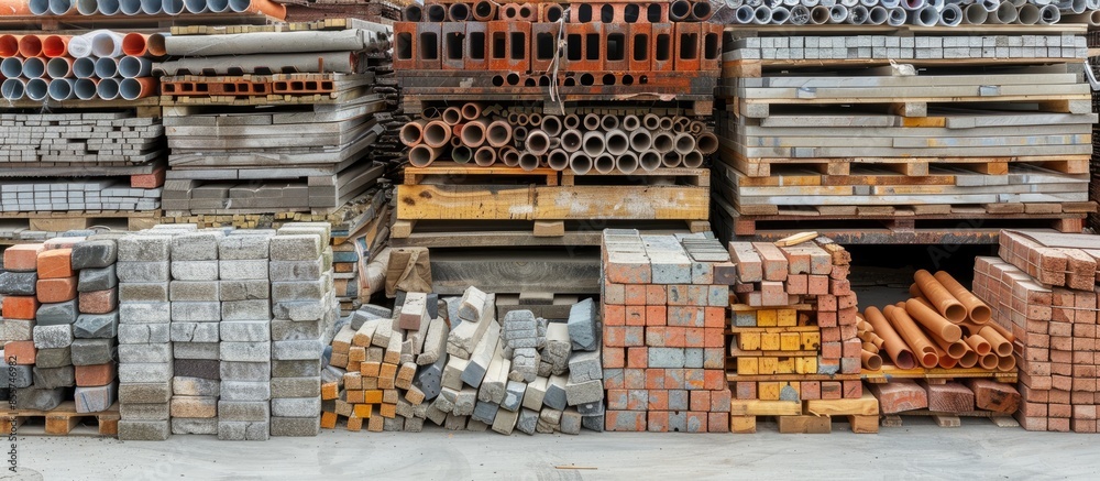 Poster Construction building materials and industrial supplies such as bricks, woods and pipes stacked and arranged for sale at a hardware store front. Copy space image. Place for adding text or design