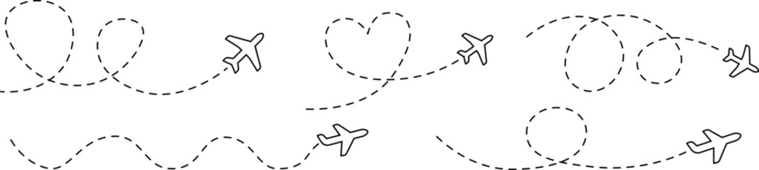 Plane icon set. Flight transport symbol. Airplane icon vector with line trace. Travel flat illustration. Travel symbol. Vector EPS 10