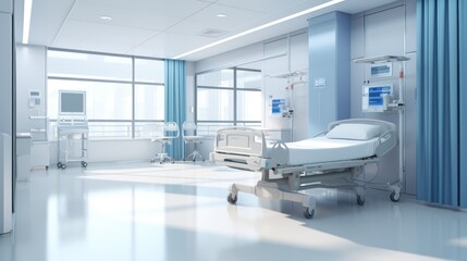 Illustration hospital interior in recovery or inpatient room with bed and amenities