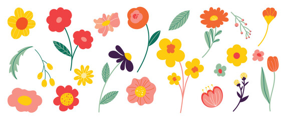Collection of spring colorful flower elements vector. Set floral of wildflower, leaf branch, foliage on white background. Hand drawn blossom illustration for decor, easter, sticker, clipart, print.