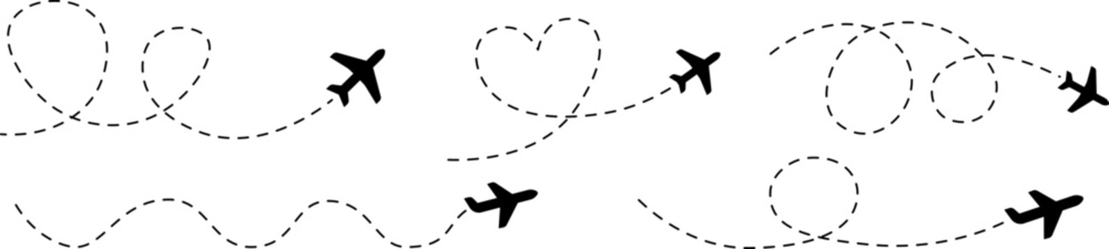 Plane icon set. Flight transport symbol. Airplane icon vector with line trace. Travel flat illustration. Travel symbol. Vector EPS 10