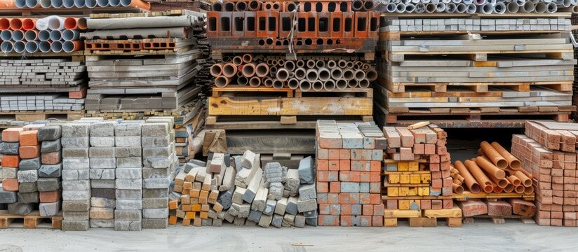 Construction building materials and industrial supplies such as bricks, woods and pipes stacked and arranged for sale at a hardware store front. Copy space image. Place for adding text or design