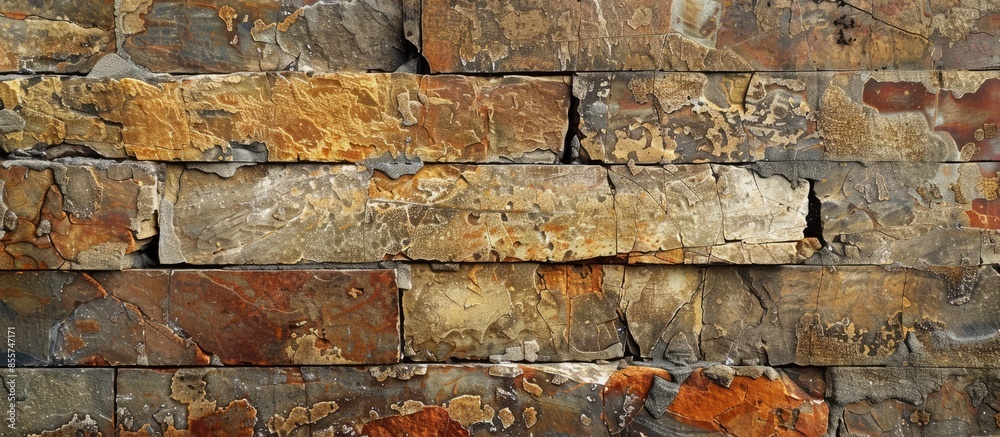Poster texture of an old ruined brick wall of an ancient building, close up abstract background. with copy space image. Place for adding text or design