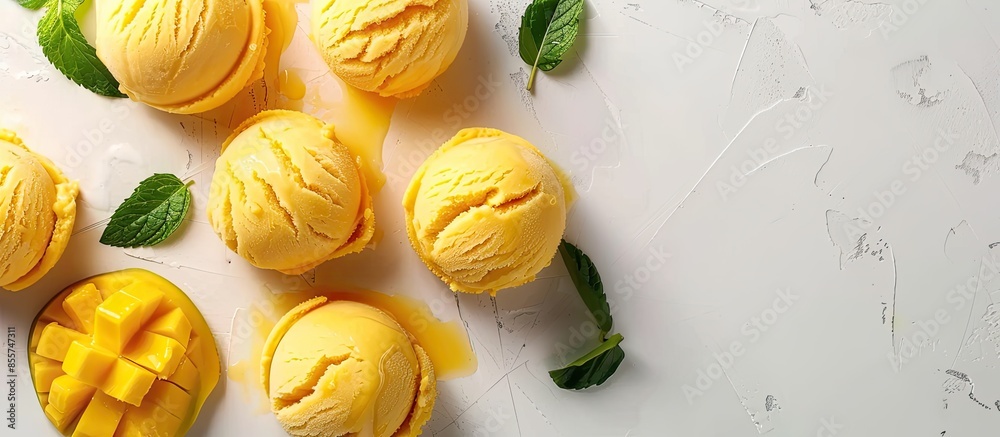 Poster Creative layout made of mango ice cream on the white background. Flat lay. Food concept. Macro concept. Vegan ice ream. Copy space image. Place for adding text or design