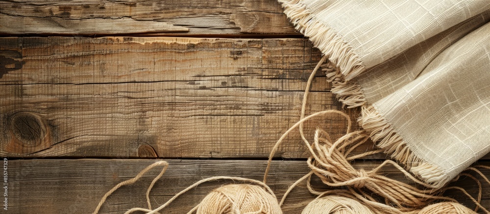 Poster Hemp cloth with threads on wooden background, closeup. Copy space image. Place for adding text or design