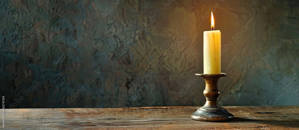 Poster Burning candle in candlestick on table. with copy space image. Place for adding text or design