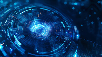 This image features an intricate blue technological interface design, with a dynamic circular format and digital elements