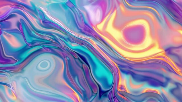 Iridescent abstract colorful background, 3d render, holographic foil, liquid petrol surface, ripples, metallic reflection, esoteric aura, psychedelic animation, seamless loop 4k