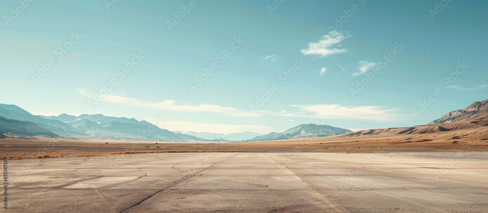 Poster A wide-angle ground with a clear sky and mountainous background for vehicles or products placement. Copy space image. Place for adding text or design