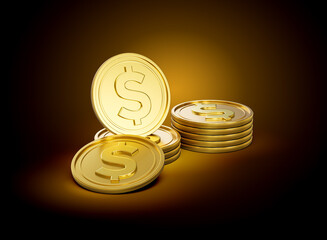 Stack Of Golden Shiny United States Dollar USD Coins On Shiny Golden Glow Background 3d Illustration