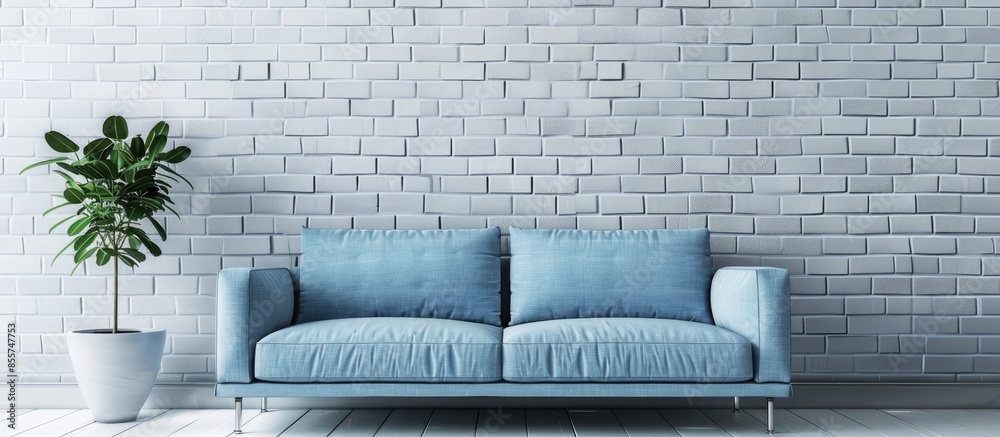 Poster Stylish sofa near white brick wall with space for text. with copy space image. Place for adding text or design