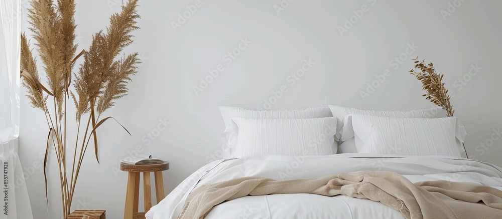 Poster comfortable bed and nightstand table with dry reeds near white wall. with copy space image. place fo