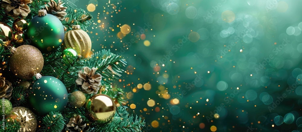 Poster green new year tree decorated with toys and balls. christmas background. with copy space image. plac