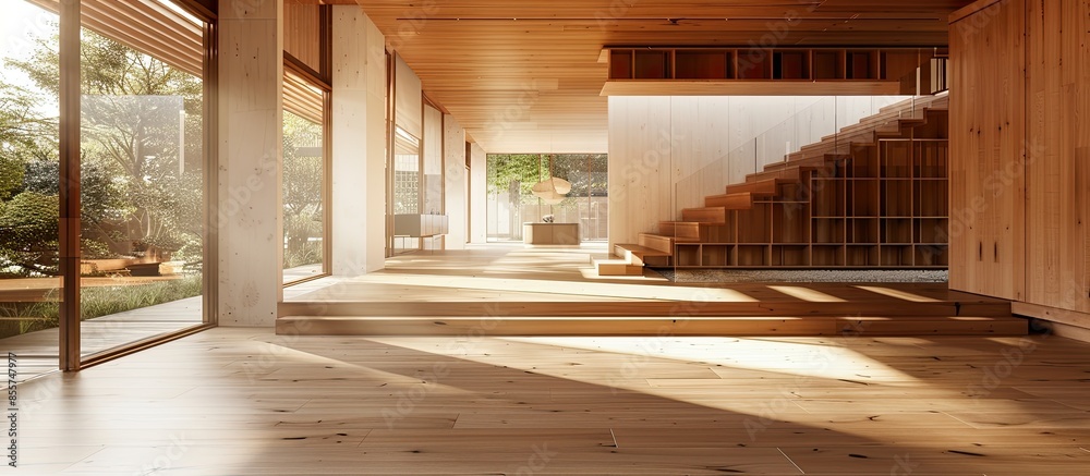 Poster Entrance hall of a house with floating wooden floors with matching wooden carpentry. with copy space image. Place for adding text or design