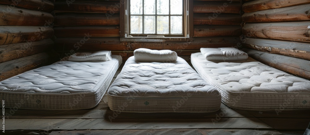Aufkleber three mattresses in the bedroom at an old wooden house. with copy space image. place for adding text