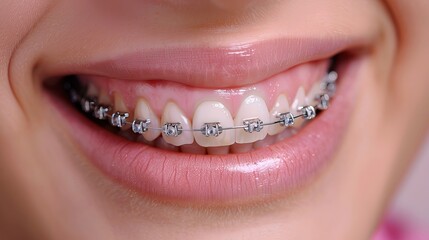 Obraz premium Close-Up of Woman's Smile with Braces: Professional Dental Orthodontic Photo