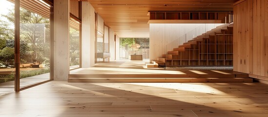 Obraz premium Entrance hall of a house with floating wooden floors with matching wooden carpentry. with copy space image. Place for adding text or design