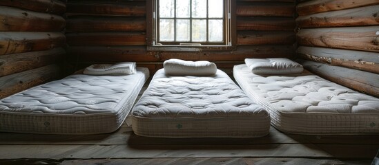 Three mattresses in the bedroom at an old wooden house. with copy space image. Place for adding text or design