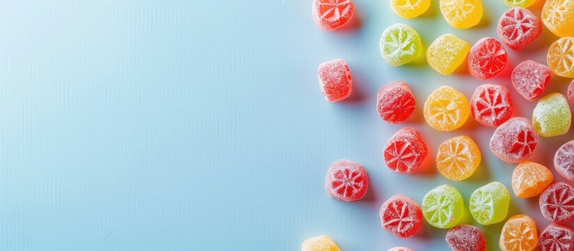 Tutti frutti candies in different colors and flavors. pastel background. with copy space image. Place for adding text or design