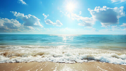 blue sky, bright sun and waves on the ocean, sea wallpaper, travel background