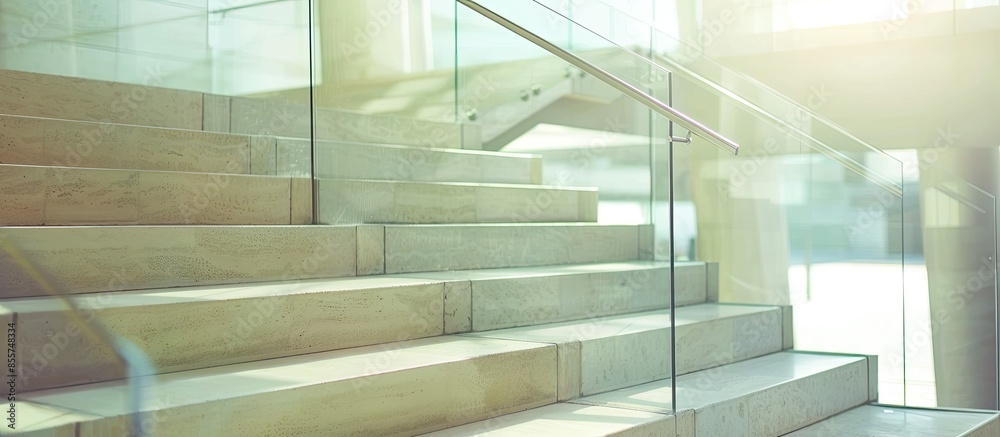 Poster Stairs with glass railing for go upstairs. Selective focus. with copy space image. Place for adding text or design