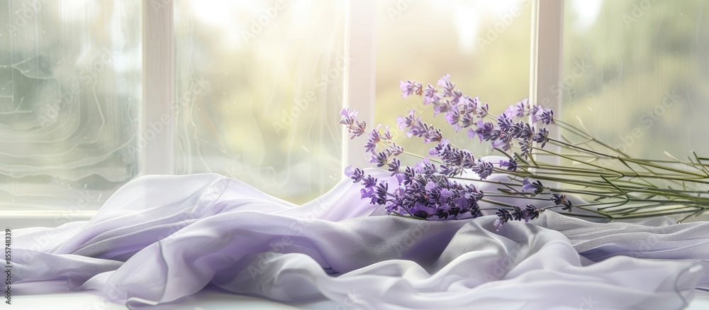 Aufkleber lavender on the fabric on the window sill pastel background. with copy space image. place for adding