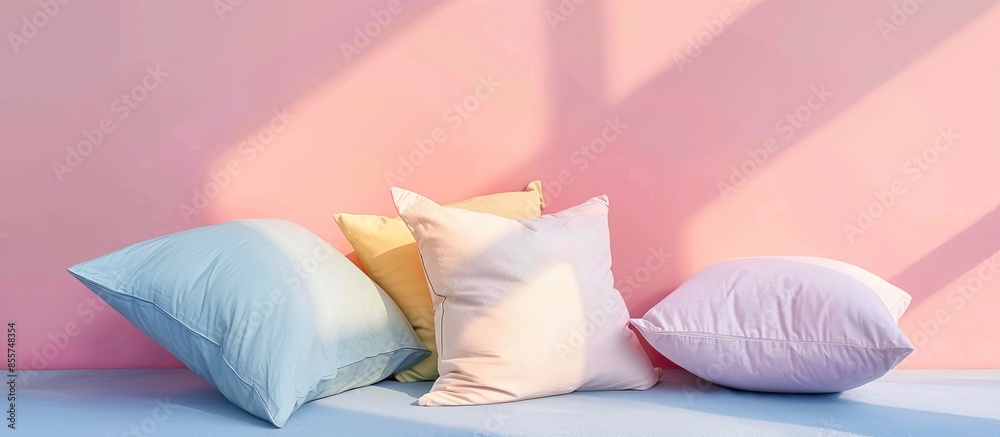 Aufkleber Set of soft pillows isolated on pastel background  Design. with copy space image. Place for adding text or design