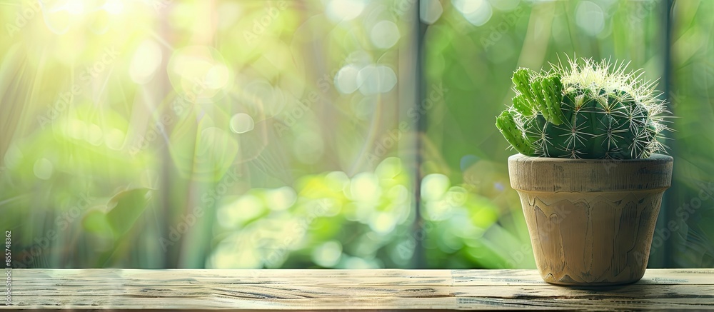 Aufkleber Beautiful green cactus in a pot on a wooden table. In bright atmosphere It feels fresh during the day. with copy space image. Place for adding text or design