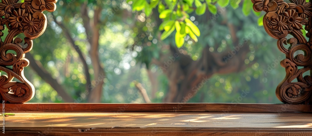 Aufkleber Carving wooden window with the tree background. with copy space image. Place for adding text or design