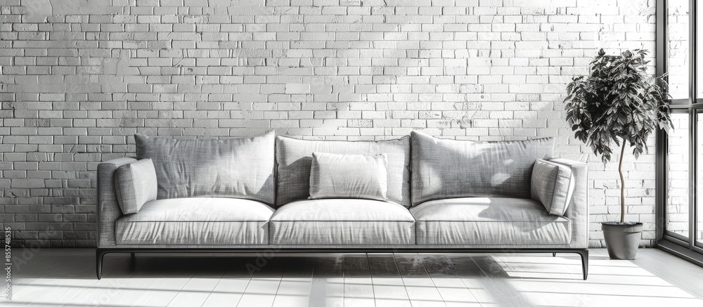 Poster Stylish sofa near white brick wall with space for text. with copy space image. Place for adding text or design