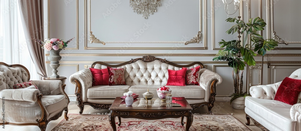 Poster elegant and spacious living room with beautiful furniture. with copy space image. place for adding t