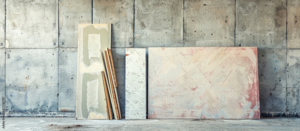 Poster Drywall pieces and sheathing leaning on wall at a construction site. with copy space image. Place for adding text or design