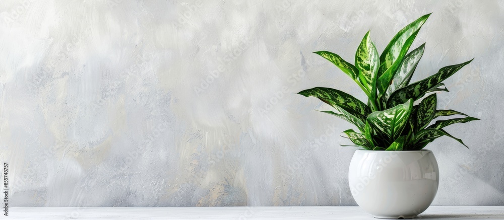 Poster green mother-in-law's tongue plant in a white pot. with copy space image. place for adding text or d